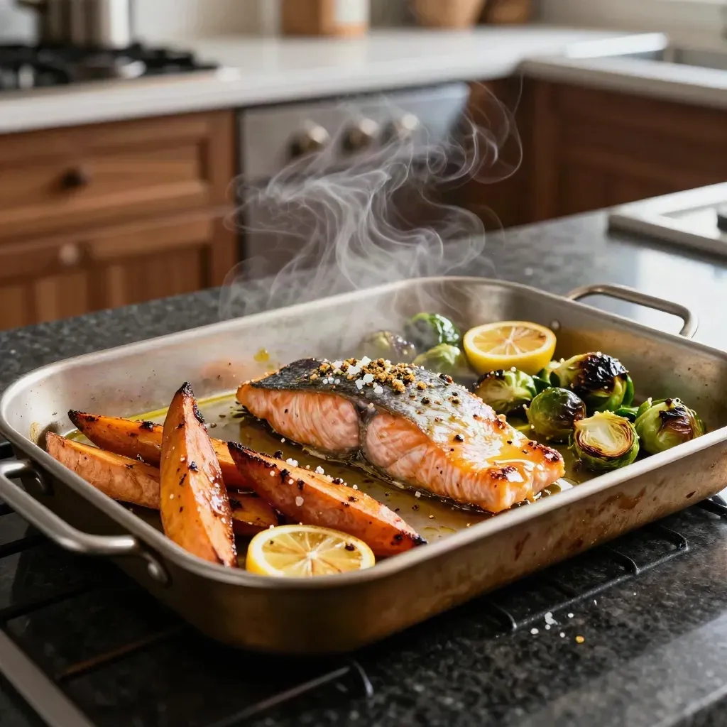 Steam rises from roasted salmon, sweet potatoes, and Brussels sprouts on a hot sheet pan.