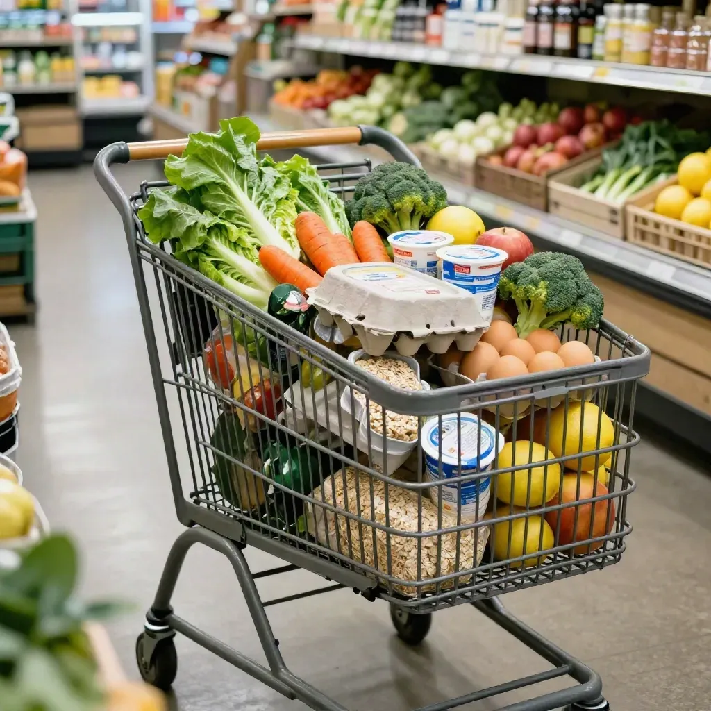 A grocery cart packed for the week rolls through a bright market aisle toward checkout.