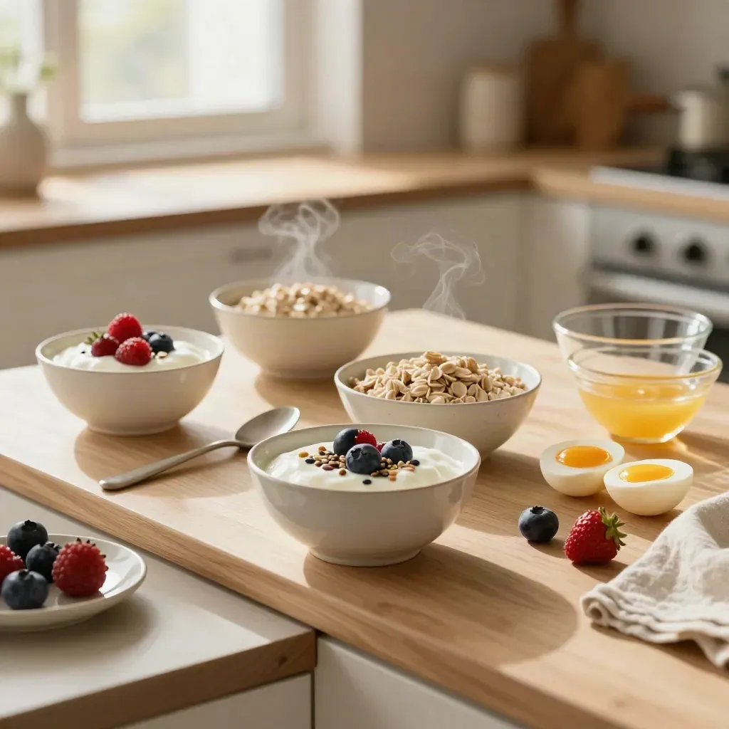 Morning yogurt bowls, oats, eggs, and berries lined across a pale wood kitchen counter.
