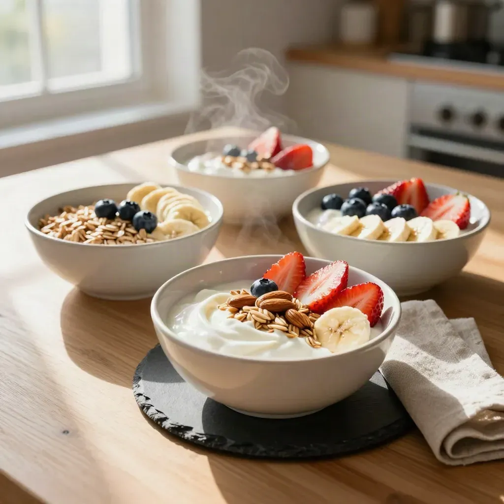 Three breakfast bowls with yogurt, oats, berries, and banana on a bright morning table