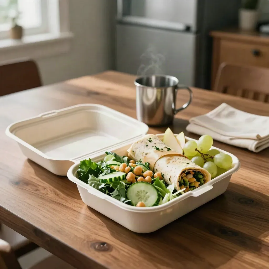 Open lunch box with salad, wrap halves, and fruit in a quiet break room.