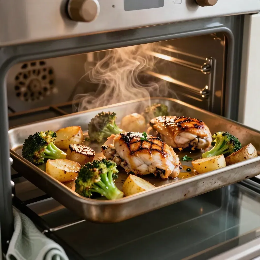 Sheet pan dinner of chicken, broccoli, and potatoes steaming from an oven at dusk.