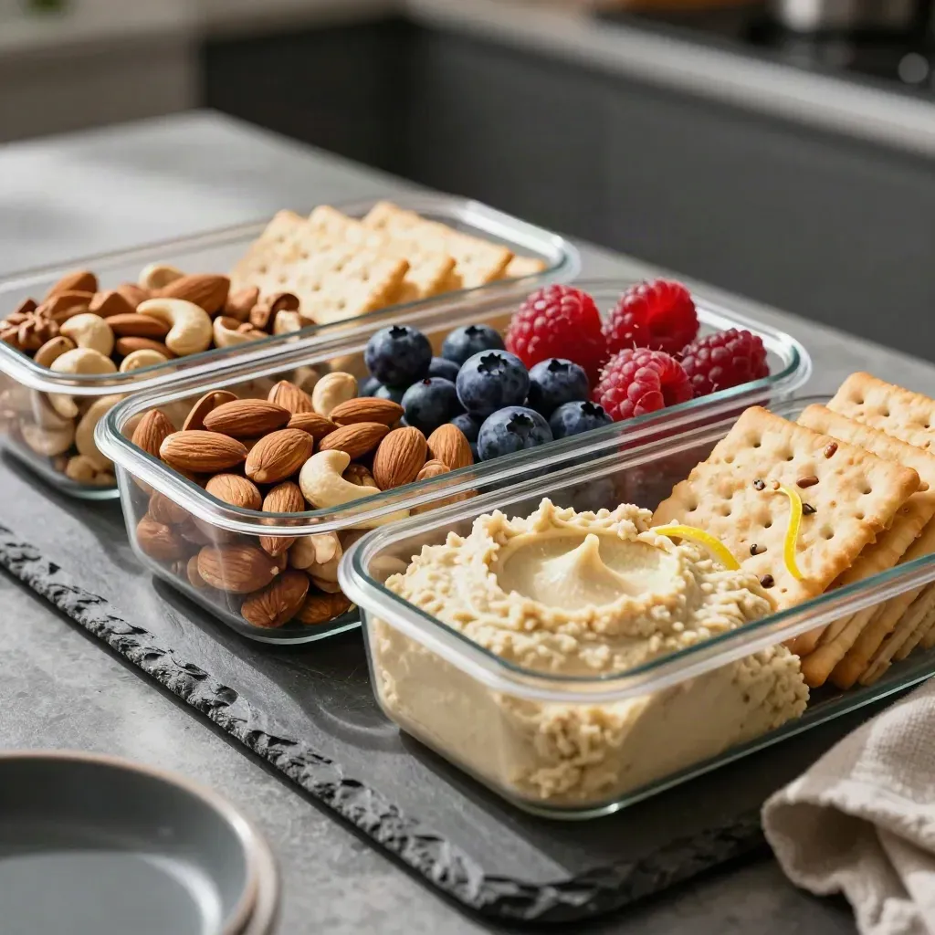 Weekly snack boxes with nuts, berries, hummus, and crackers on cool stone.