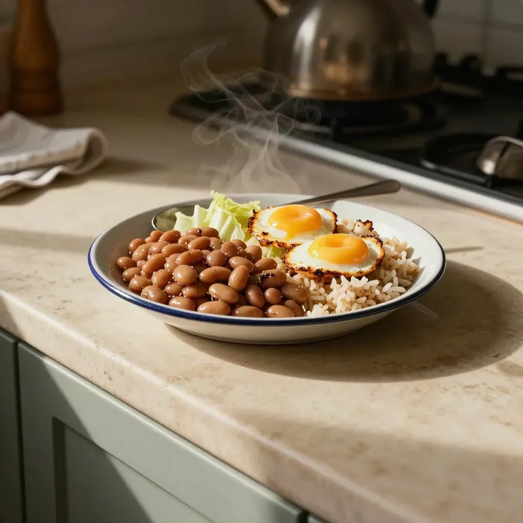 Beans, rice, cabbage and eggs on a worn kitchen counter in moody winter light.