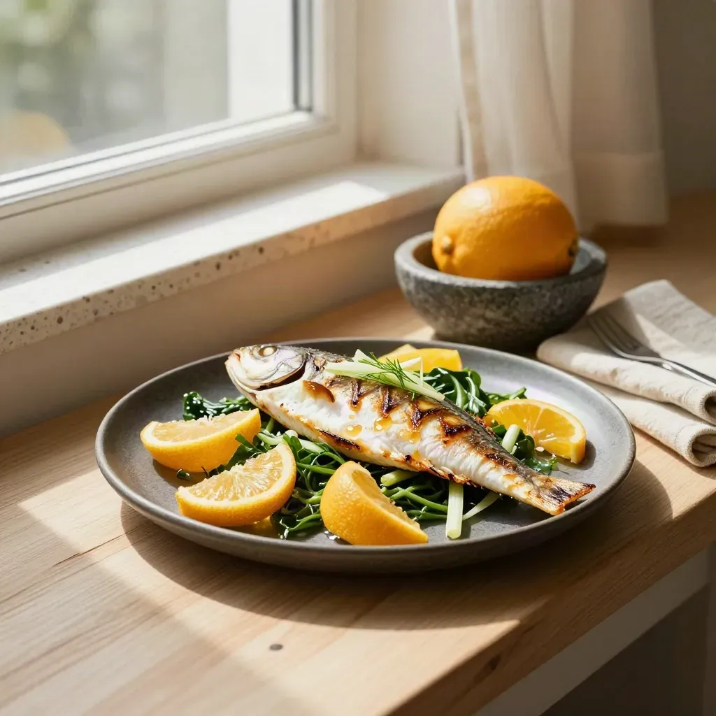 Grilled fish, citrus and greens on a charcoal plate in a sunlit nook