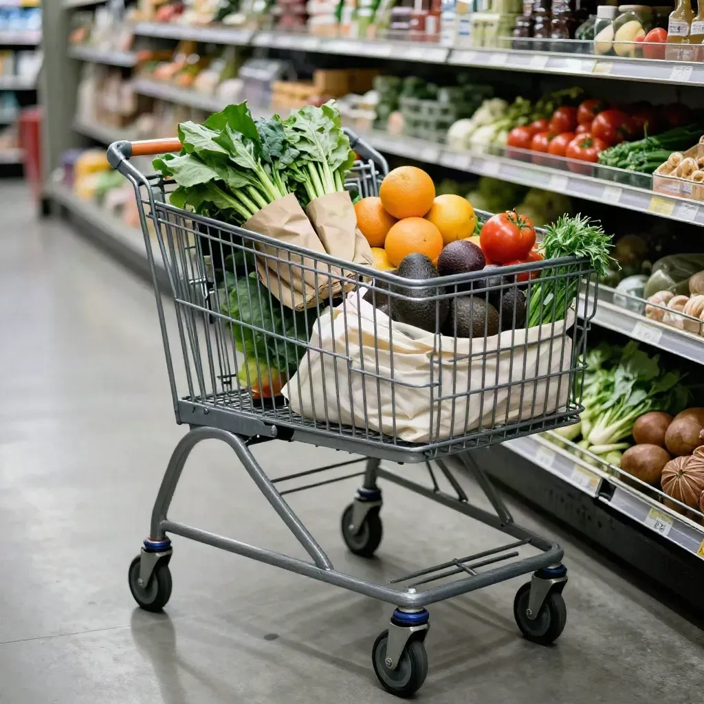 Side-on grocery cart with aisle-sorted produce and white tote bags under warm store light.
