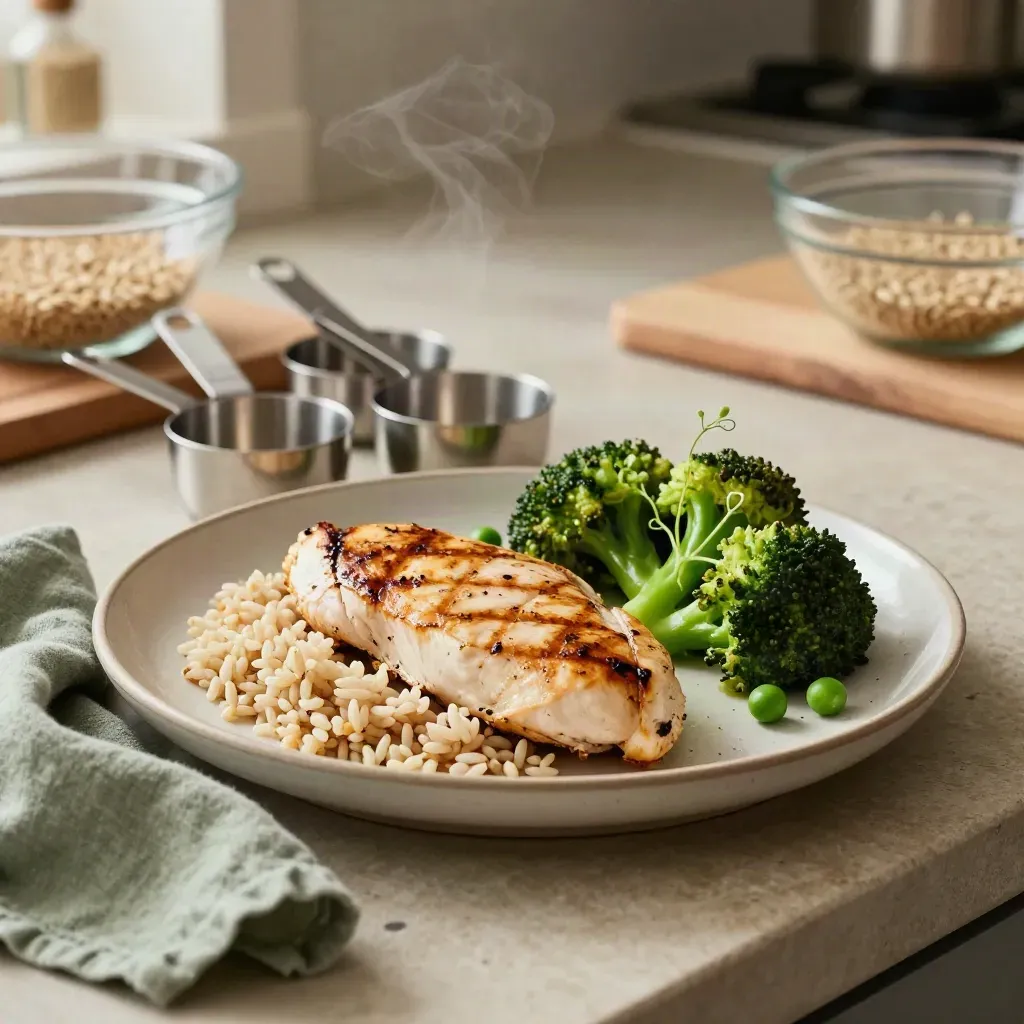 Portion-control plate with chicken, rice, broccoli and nested measuring cups on a stone counter.
