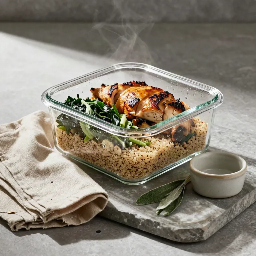 Glass meal-prep box with quinoa, greens, chicken, linen cloth, and ceramic ramekin on stone.