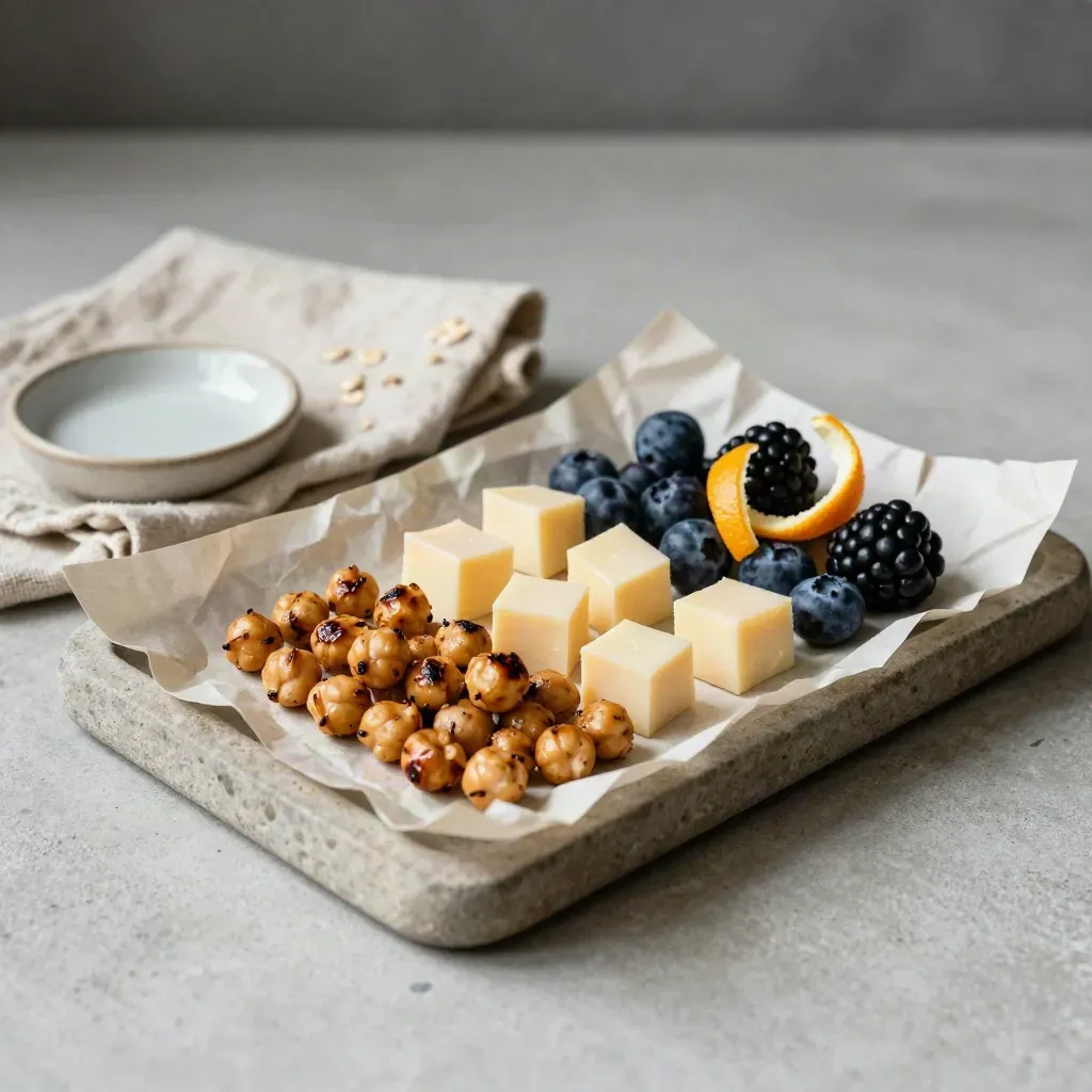 Stone tray with chickpeas, cheese cubes, berries, parchment, and a folded cloth on a neutral surface.
