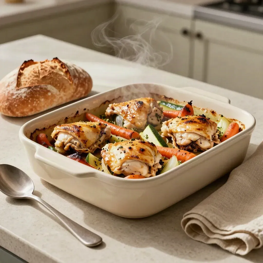 Steaming casserole of baked chicken and vegetables with bread loaf and serving spoon on beige stone