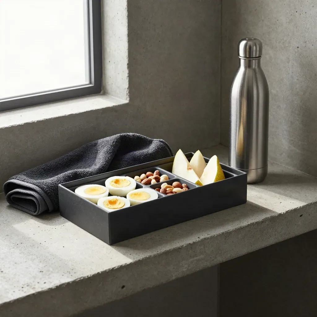 Open recovery snack box with eggs, nuts, pear wedges, towel, and steel water bottle on concrete shelf