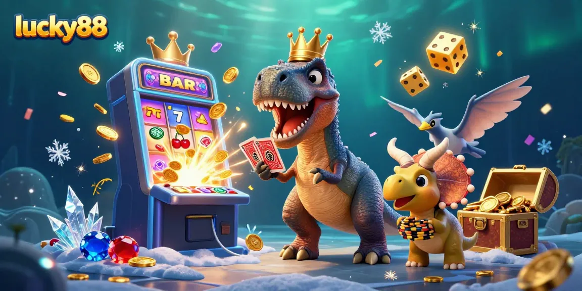 Enjoy thrilling games with lucky88 as a T-Rex shuffles cards and a baby triceratops stacks chips in a vibrant casino scene.