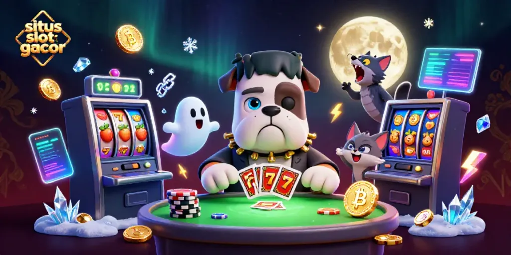 Win big at situs slot gacor with a thrilling 3D casino scene featuring characters and vibrant slot reels.