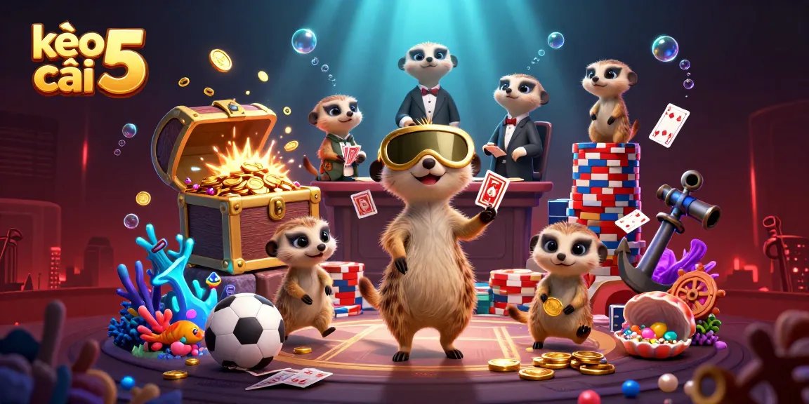 Engage with kèo nhà cái 5 through a dynamic, colorful casino illustration by playful meerkats.