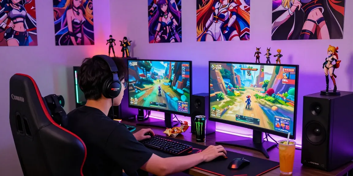 Gamer immersed in hentai games in a colorful gaming room with anime decor.