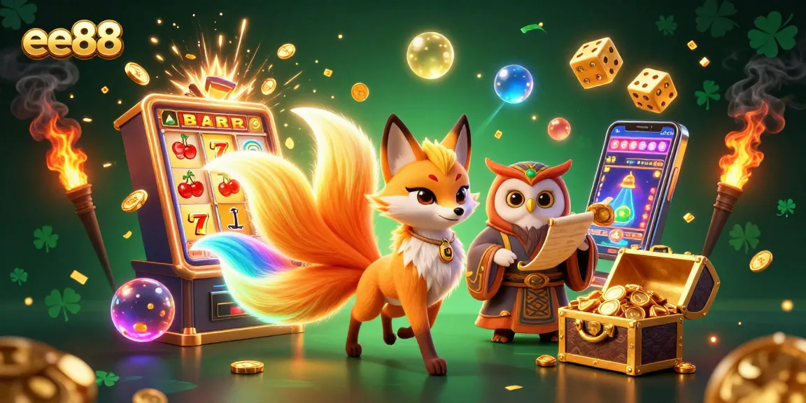Engage with exciting ee88 slots featuring a glowing nine-tailed fox and jackpot elements bursting with colors.