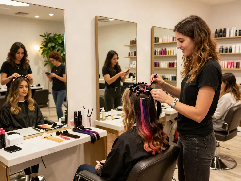 Hair extensions and accessories being applied in a vibrant salon setting.