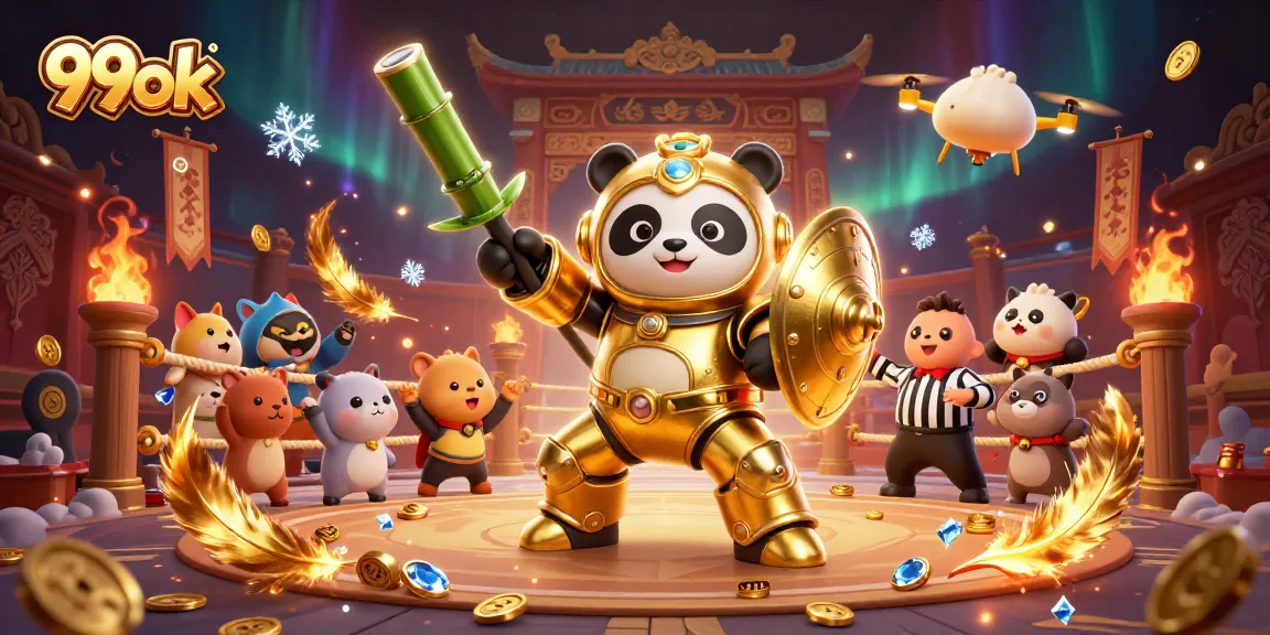 Engage in thrilling gameplay with the dynamic 99ok mech-suit panda battling in a colorful arena.