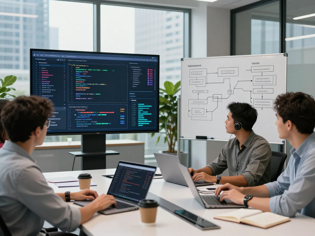 Waygrid team collaborating on API management at modern workspace with digital analytics.