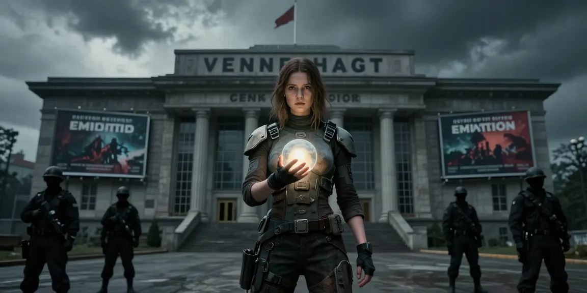 Emma holds a glowing orb in defiance against authoritarian government control in a dystopian cityscape.