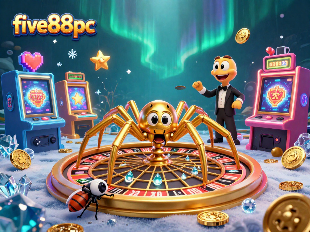 Experience five88pc's thrilling betting action with a golden spider and centipede croupier in a vibrant casino scene.
