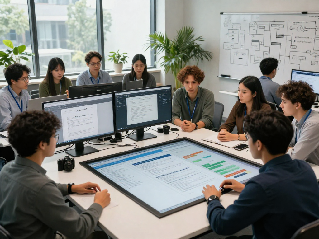 Team collaborating on document fraud detection software in a high-tech office setting