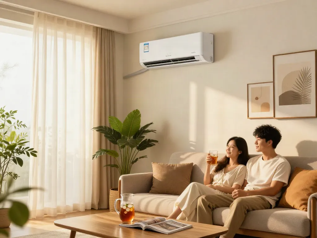 Comfortable living room with mini split AC unit providing cooling during summer.