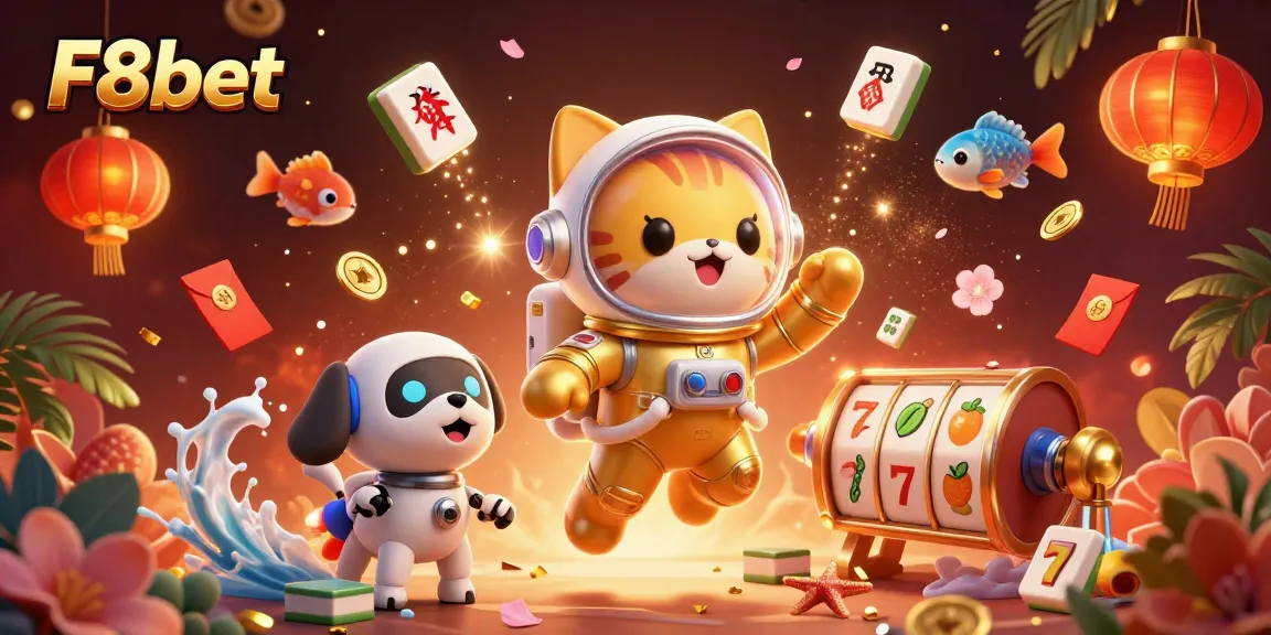 Immerse in F8bet's dynamic gaming scene with a cat astronaut, robot dog, and vibrant casino elements.