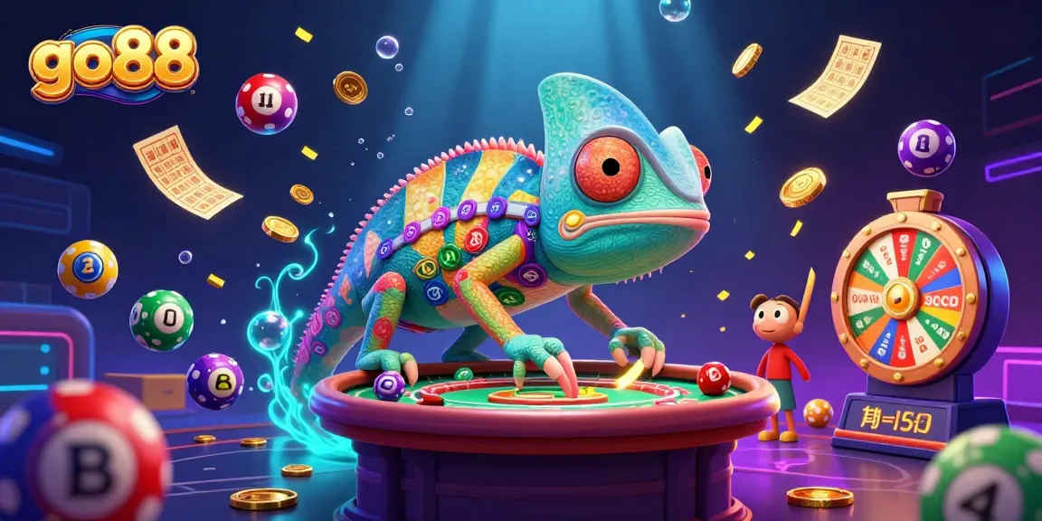 Experience thrilling games with go 88, where colorful lottery elements and a lively chameleon casino owner create excitement.