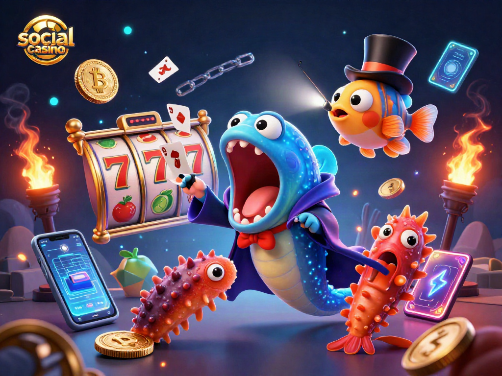 Engaging social casino scene with bioluminescent characters showcasing card tricks and crypto elements.