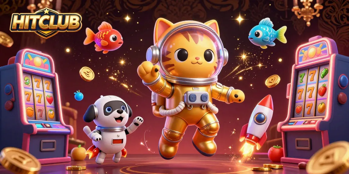 Score big with HITCLUB's vibrant casino slot machines and characters in a dynamic digital scene.
