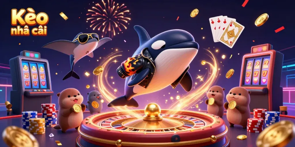 Exciting scene showcasing Kèo nhà cái with characters and casino elements, perfect for sports betting.