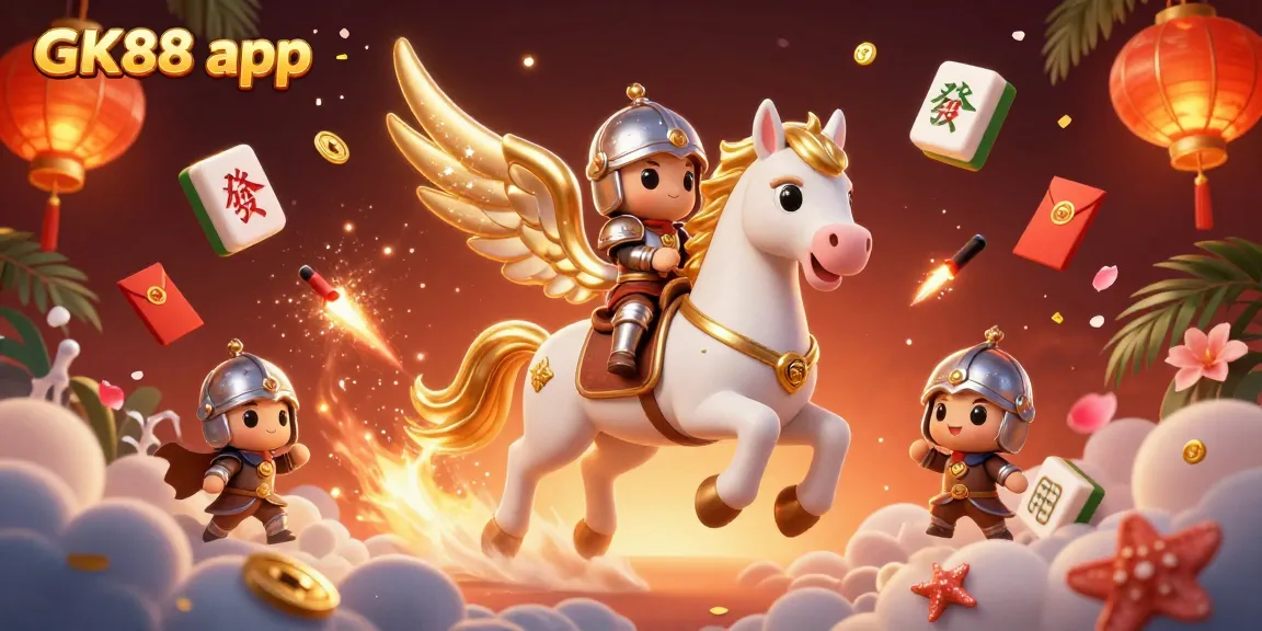 Experience thrilling gameplay with GK88 app as a knight and celestial horse gallop through a vibrant casino wonderland.