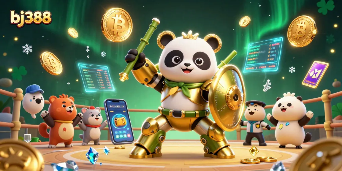 Experience high-stakes action at bj388 with vibrant 3D illustrations of competitive cockfighting and crypto elements.