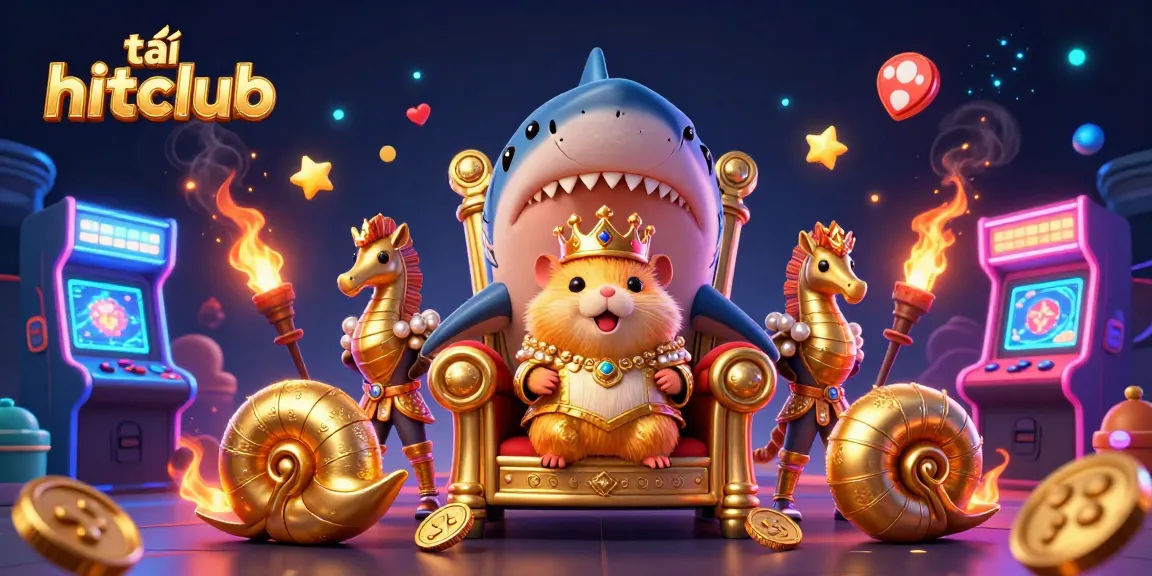 Experience the excitement of tải hitclub with this vibrant 3D illustration showcasing a golden hamster king and casino game elements.