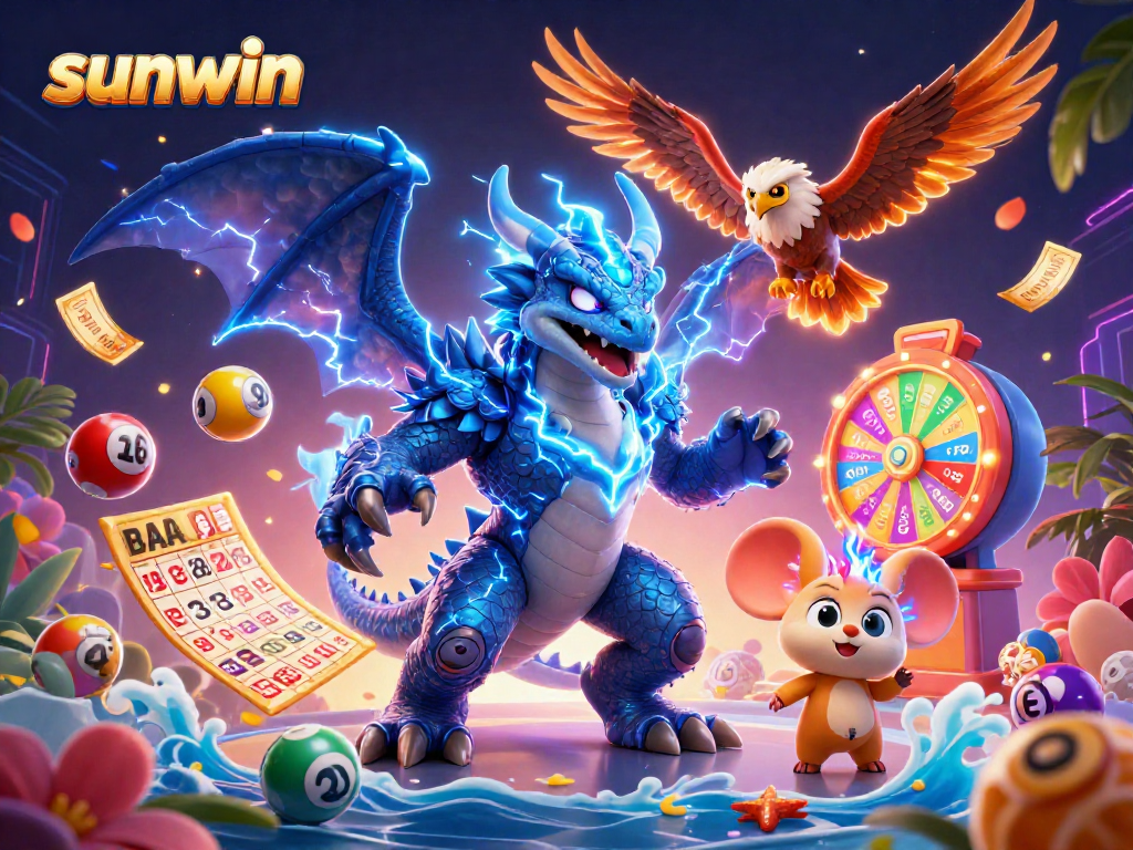 Engage with sunwin's dynamic gaming scene featuring colorful lottery elements, thrilling prizes, and vibrant characters.