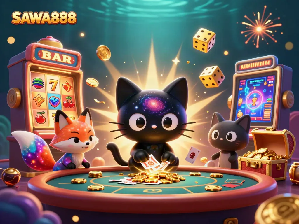 Experience the excitement of SAWA888 with a vibrant cosmic casino scene featuring a black hole cat and colorful elements.