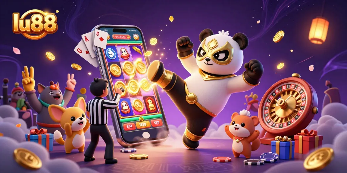 Witness the fun at lu88 as the panda wrestler performs in a lively casino scene with colorful slot games.
