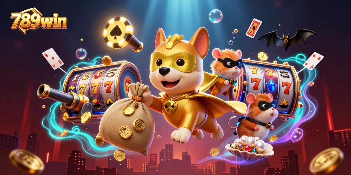 Engage with 789win's thrilling casino gaming scene featuring a superhero dog and enticing slot elements.