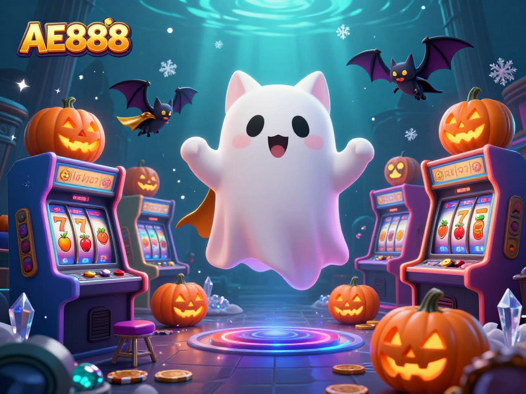 Experience the excitement of AE888 with a ghost cat and bat in a vibrant haunted casino.