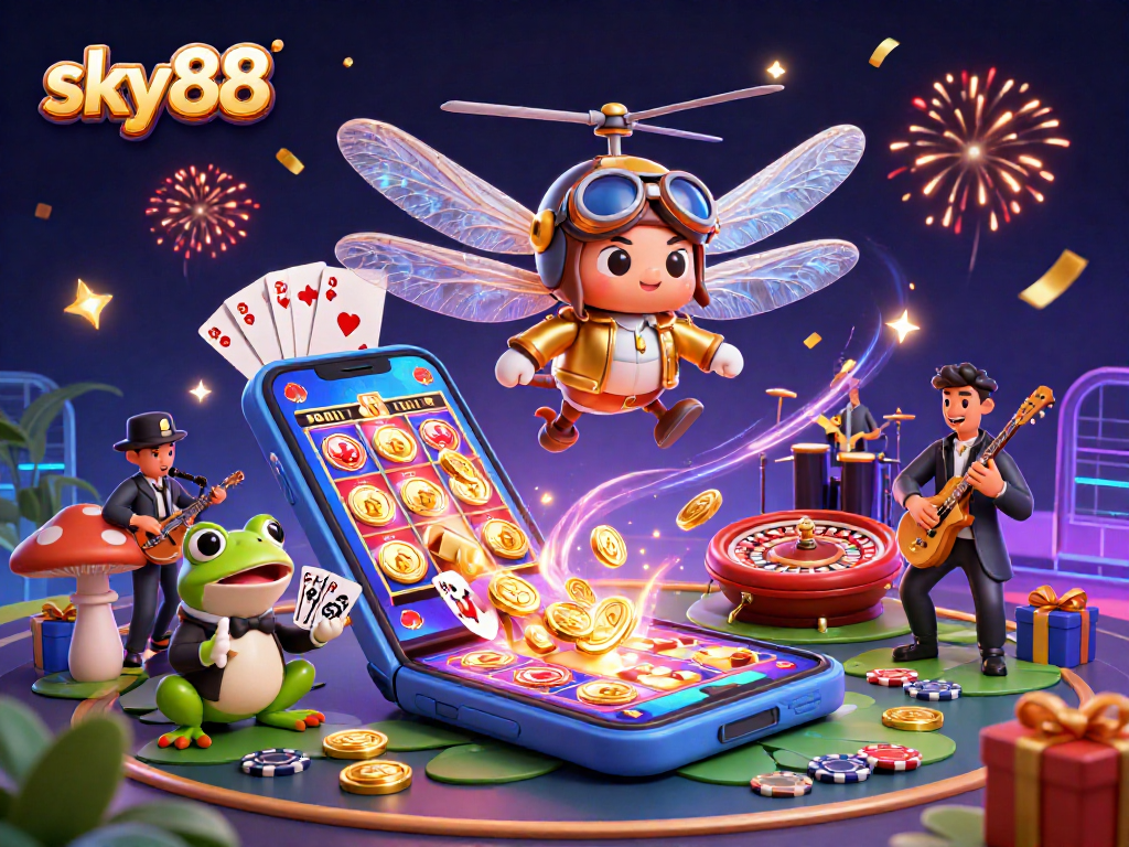 Experience thrilling gameplay at sky88 with vibrant casino fun, including cards, jackpots, and colorful festive elements.