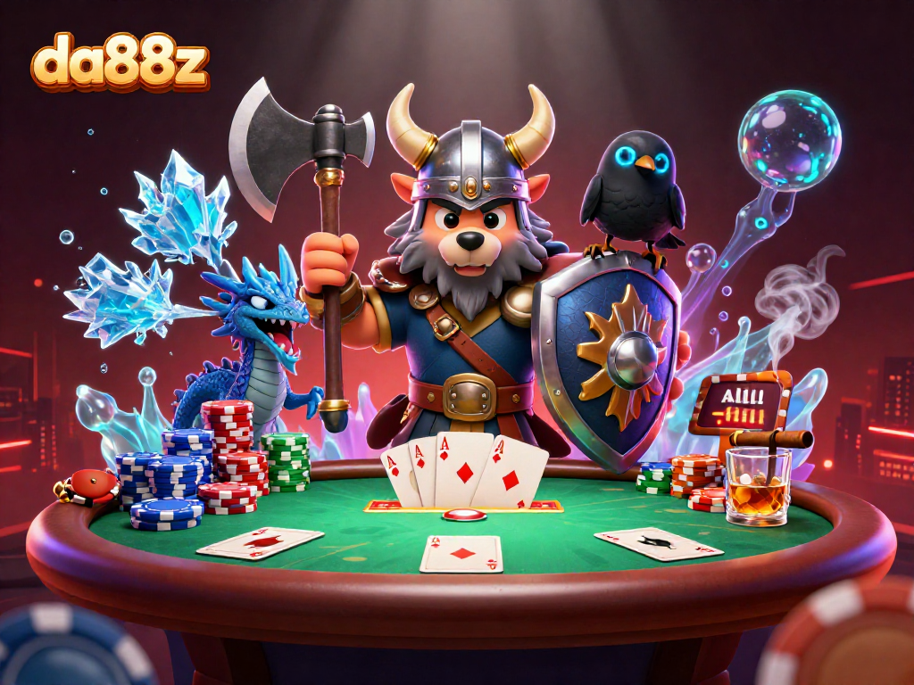 Spin big wins at da88z with this vibrant illustration of a Viking wolf warrior and friends at a poker table.