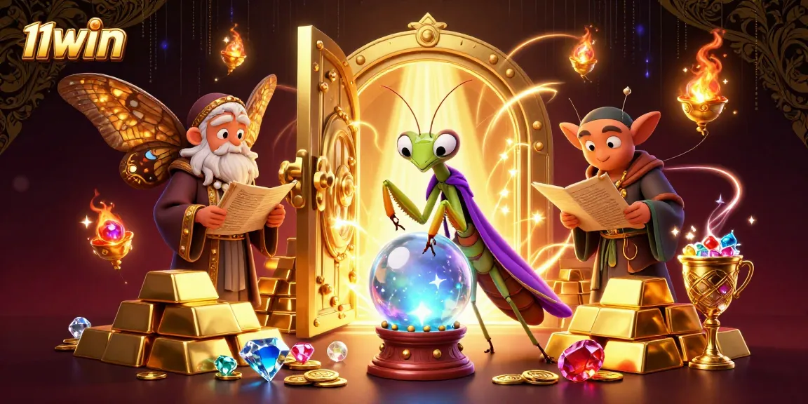 Win big at 11WIN as the fortune teller unveils treasures in a vibrant casino illustration.