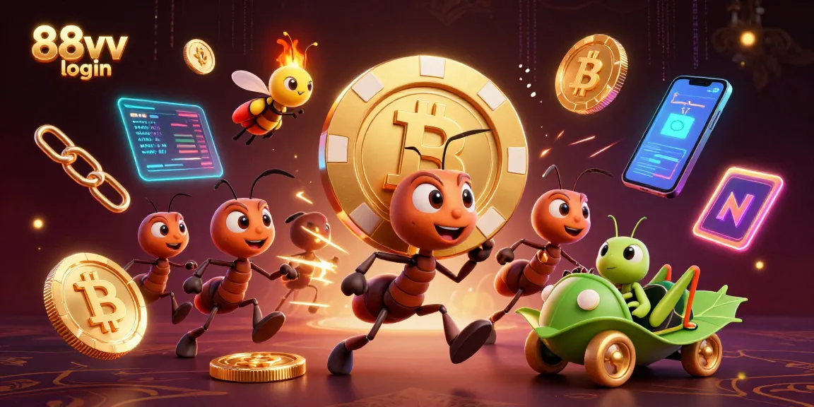 Join the heist with ants in a tunnel, featuring 88vv login and glowing crypto elements.