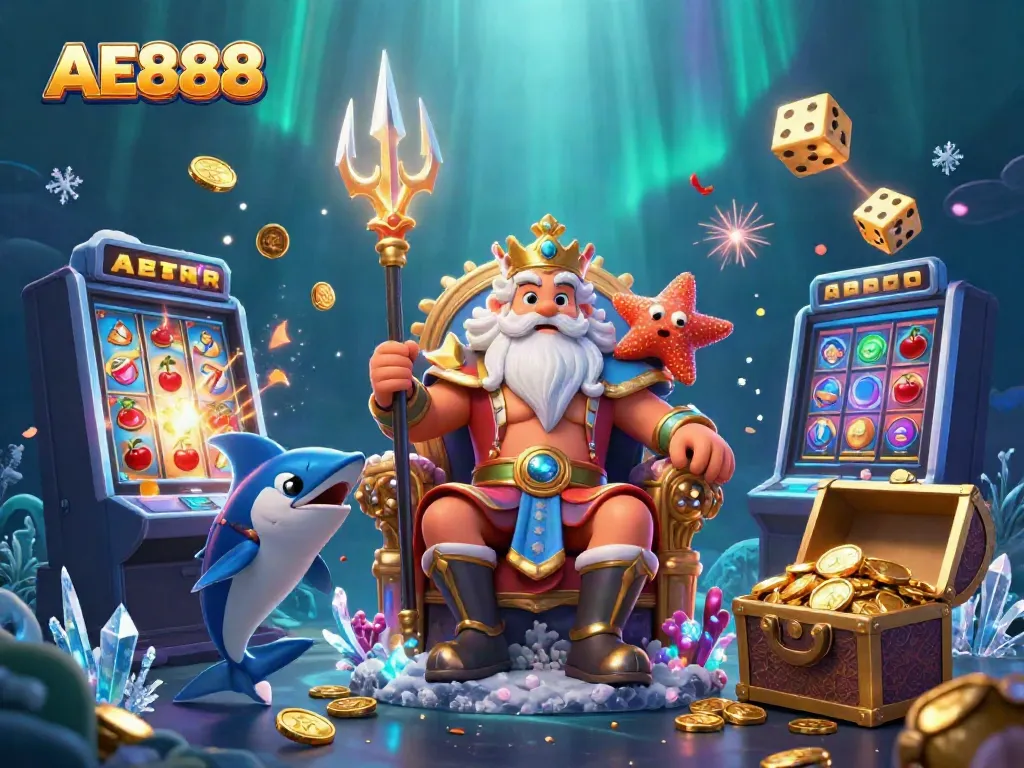 Experience thrilling gaming adventures with AE888 in a vibrant underwater casino scene.