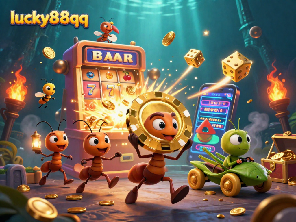 Lucky88qq features ants heisting a giant poker chip amidst vibrant casino action.