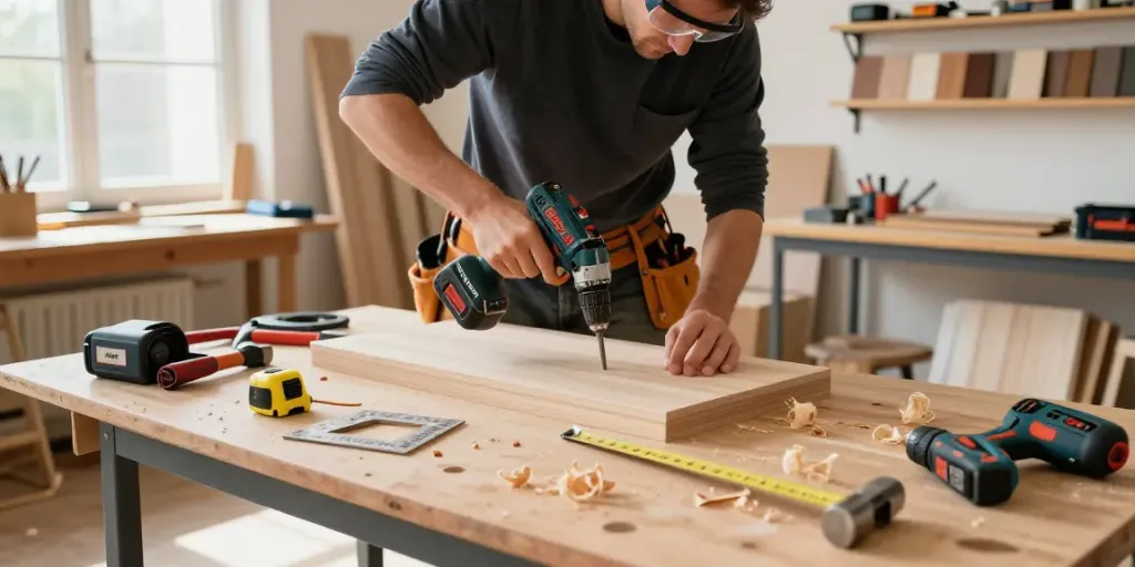 Craftsman using bosch hand tools in a well-lit workshop, assembling furniture.