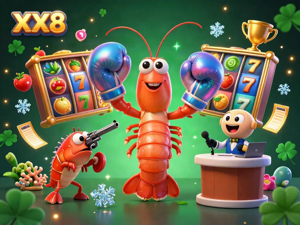 Engage with XX8's casino thrills featuring a mantis shrimp and friends amidst vibrant slot elements and sparkling trophies.