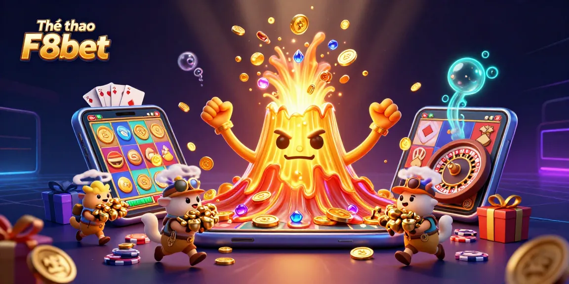 Experience the excitement of Thể thao F8bet with a lively scene depicting sports betting and treasure.