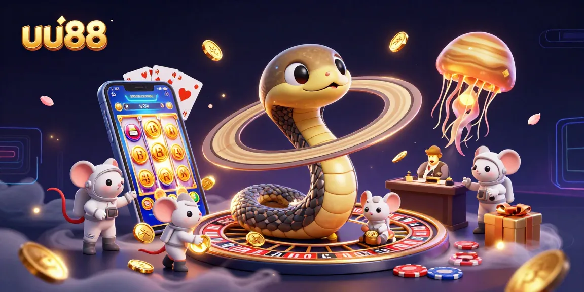 Experience thrilling fun at uu88 with a vibrant cosmic casino illustration featuring playful astronaut mice and games of chance.